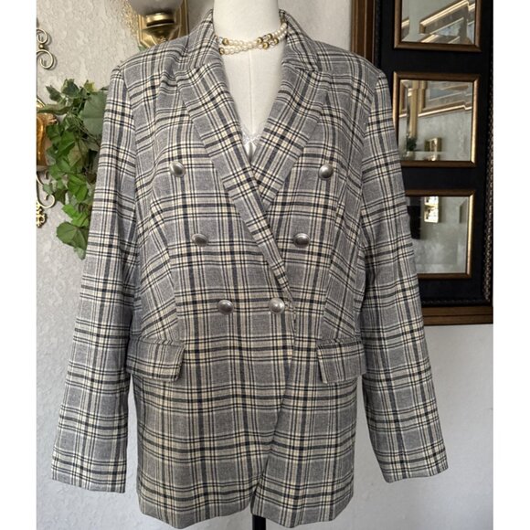 Women's Checked Plaid Blazer Double-breasted Classic Career Gray Cream Size L - Picture 1 of 17